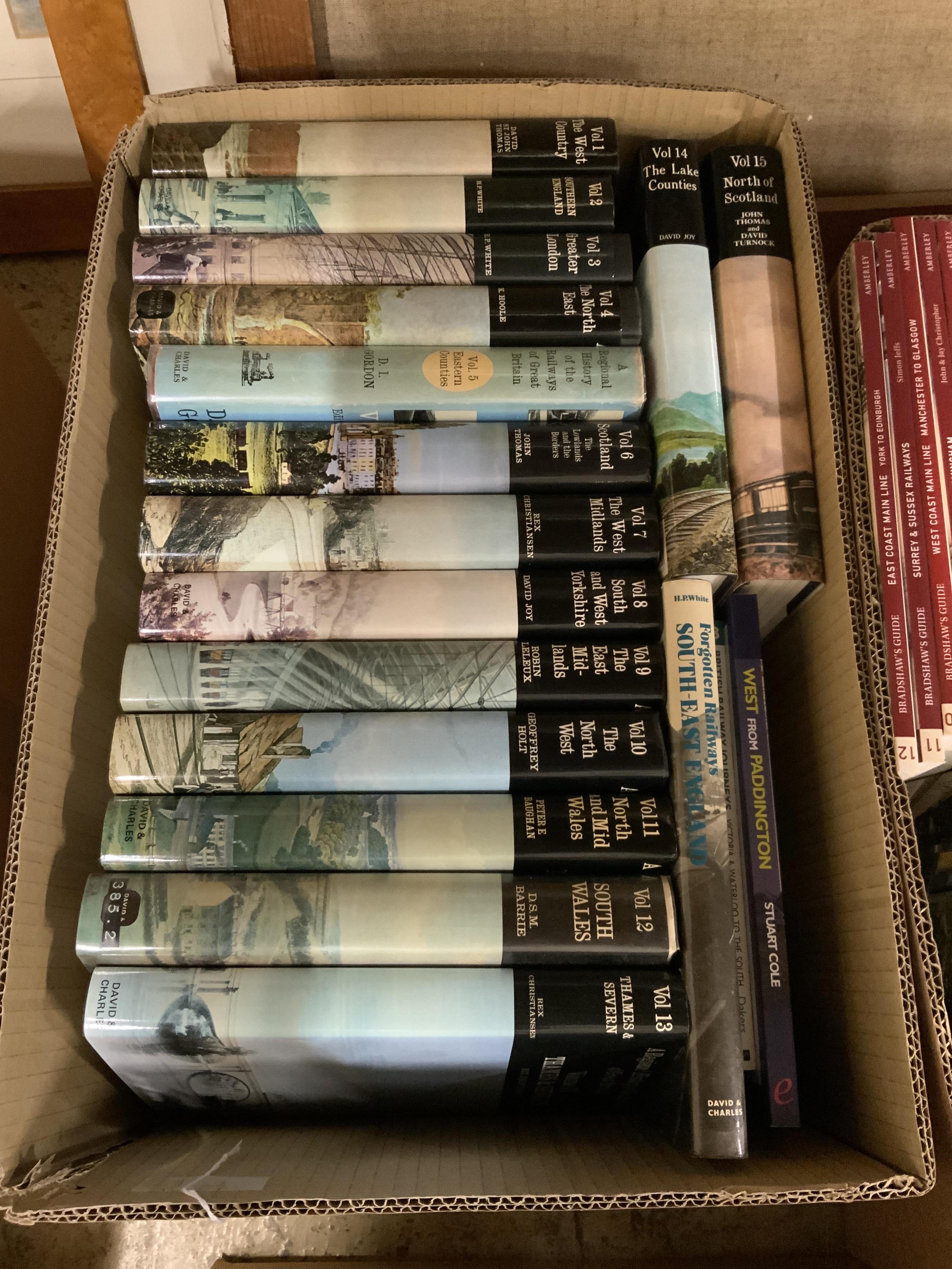 Eight boxes of railway related books, subjects include; Scottish steam, diesel locomotives, electric locomotives, Great Western Railway locomotives, Union Pacific locomotives, Bradshaw’s guides, etc. publishers include;